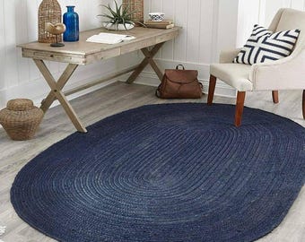 Handgemachter indischer Jute Oval Teppich, Boho Blau, Wohnkultur