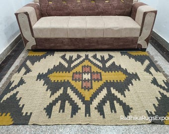 Handwoven Wool Jute Kilim Rug, Traditional Indian Design