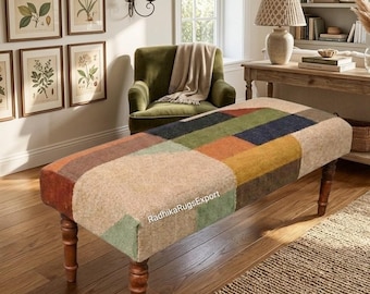 Handmade Wool & Jute Bench - Bohemian Kilim Decorative Banch - Wooden Folding Bench - Vintage Table