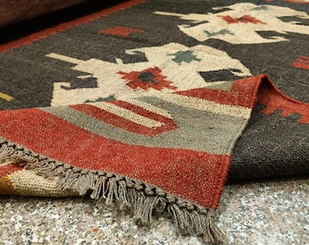 Handwoven Wool Jute Kilim Rug, Bohemian Decor