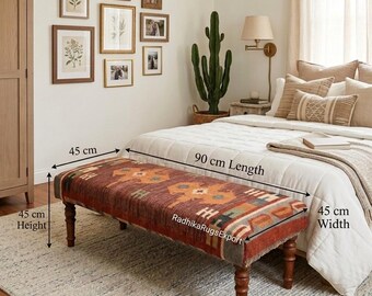 Banco tapizado, muebles hechos a mano, banco con reposapiés, banco con alfombra kilim, banco otomano, banco azteca, decoración rústica, reposapiés
