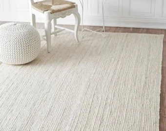 Handwoven Jute Area Rug: Off White Scandi Boho Style