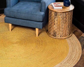 Handwoven Scandi Round Jute Rug : Oriental Yellow & Natural Border Circle Jute Mat, Doormat, Entryway Doormats