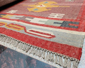 Handwoven Wool Jute Kilim Rug: Bohemian Indian Area Rug