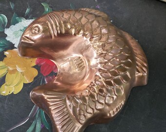 Vintage koperen vis jello cakevorm bakvorm met haken om op te hangen keuken decor cottage boerderij decor