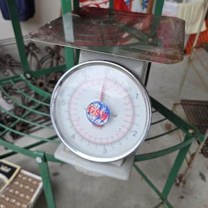 Puede incluir: Un antiguo soporte para plantas de metal verde con una báscula incorporada. La báscula tiene una esfera blanca con marcas rojas y negras, y un logotipo azul y rojo. El soporte tiene múltiples niveles y una bandeja de metal.