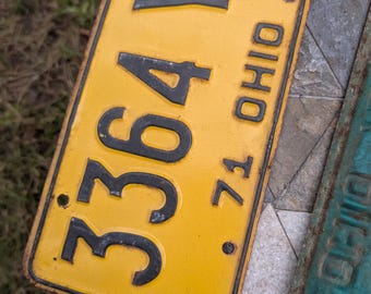 Placa de matrícula antigua de Ohio de 1971, color amarillo y negro, de acero.