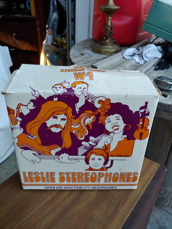 Vintage LESLIE Stereophones Open Air High Fidelity Headphones w/Retro Box hippy boho nos