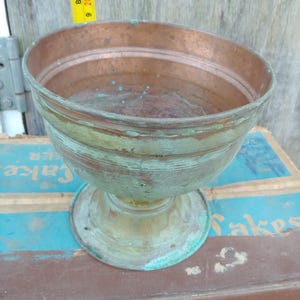 Vintage Hammered copper footed bowl time worn patina planter