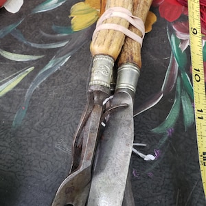 May include: A carving fork and knife set featuring textured, light brown antler handles with silver-toned metal ferrules. The metal blades and tines show signs of age and wear. A yellow measuring tape is visible, indicating a length of 11.5 inches.