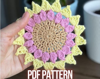 Sunflower Coaster Crochet Pattern PDF | Pink Coaster Mug Rug | Plant Coaster Table Decor Crochet | Primitive Fall Decor