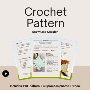 Crochet snowflake coaster made with cotton yarn, perfect as a Christmas table decoration, tea or coffee cup mat, or handmade gift. Digital crochet pattern PDF for beginners and intermediate crocheters.