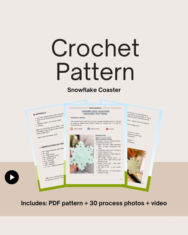 Crochet snowflake coaster made with cotton yarn, perfect as a Christmas table decoration, tea or coffee cup mat, or handmade gift. Digital crochet pattern PDF for beginners and intermediate crocheters.