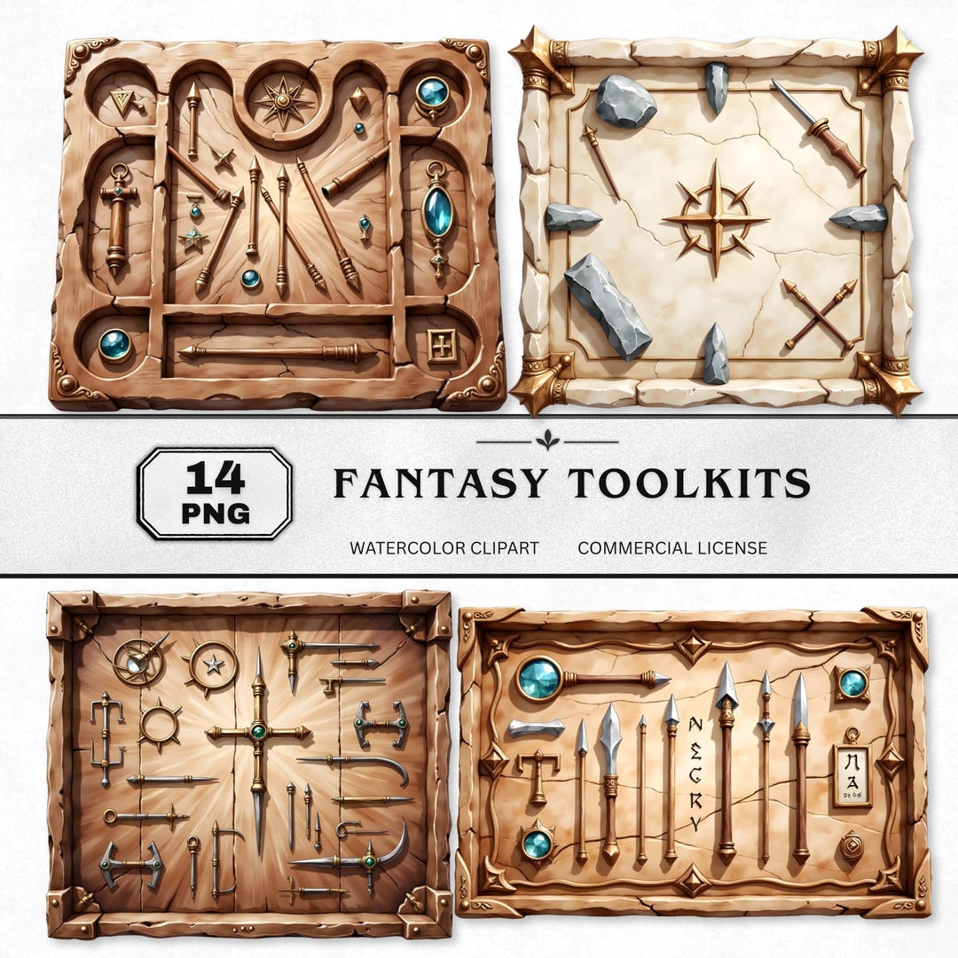 Fantasy Toolkits Clipart Set, Magic and Arcane Toolkit Watercolor Pngs ...