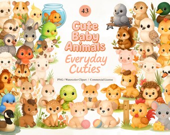 Everyday Cuties Clipart Set, Cute Baby Animals PNG, Watercolor Animal Clipart, Nursery Clipart, Kids Room Decor, Digital Download