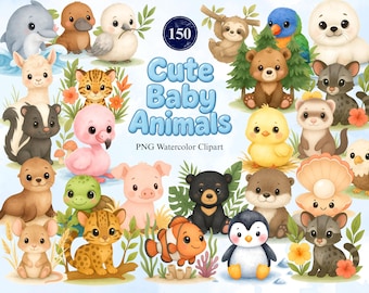 150 imágenes prediseñadas de animales bebés, lindos animales de acuarela, arte de pared para guardería, gráficos para baby shower, pegatinas para álbumes de recortes, animales bebés PNG, 300 DPI