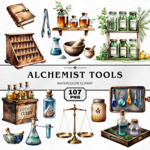 Puede incluir: Ilustración en acuarela de herramientas de alquimista, que incluyen botellas de vidrio, frascos, un mortero y una maja, y una balanza. La imagen presenta un especiero de madera, una caja de madera con la etiqueta "Potion Cubby" y el texto "ALCHEMIST TOOLS WATERCOLOR CLIPART 107 PNG".