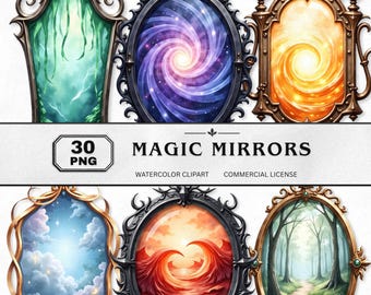 Magic Mirrors Clipart Set, Enchanted and Mystic Mirror Watercolor PNGs, Fantasy Mirror Art for Crafts and Fantasy Digital Design Projects