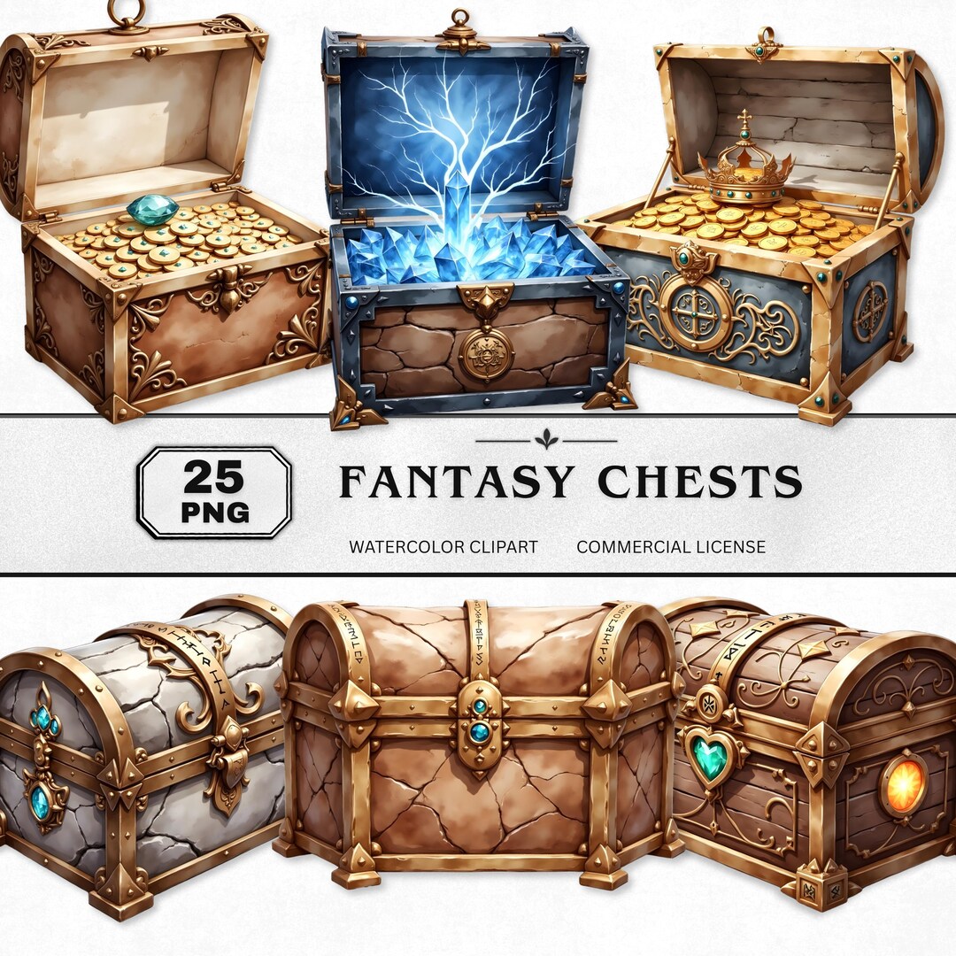 Fantasy Chests Clipart Set, Magic Chest and Enchanted Chest Watercolor ...