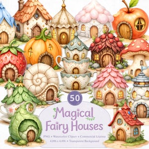 Magical Fairy Houses Clipart, Tiny Fairy Cottage, Teacup and Lantern House Watercolor PNGs, Enchanted Forest Houses for Crafts and Projects