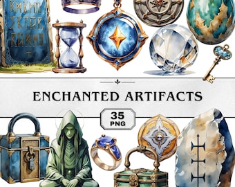 Enchanted Artifacts Watercolor Clipart, Mystic Clipart Magic Artifact PNGs, Fantasy Trinket Crystals Runes, Ancient Relic Fantasy Magic Pack