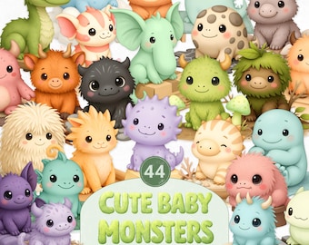 Conjunto de imágenes prediseñadas de adorables bebés monstruos, imágenes PNG de acuarela de personajes monstruosos, adorables ilustraciones de monstruos de fantasía para manualidades y proyectos creativos.