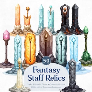 May include: A collection of 12 fantasy staff relics in various colors, including orange, blue, and green. Each staff has a unique design, with crystal and stone elements. The image includes the text "Fantasy Staff Relics".