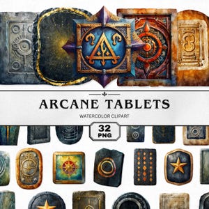 May include: Watercolor clipart of arcane tablets in various shapes and designs. The tablets feature intricate details, including geometric patterns, symbols, and starbursts. The text "ARCANE TABLETS" and "32 PNG" are also visible.