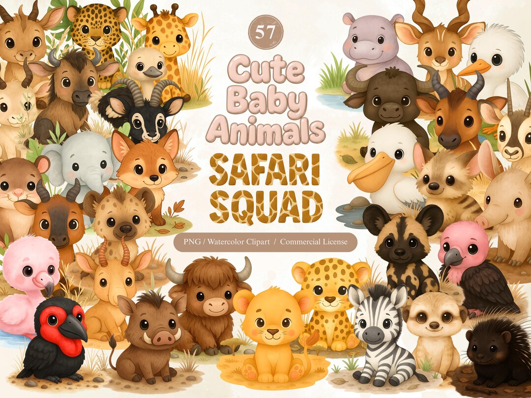 Safari Baby Animal Watercolor Clipart, Cute Safari PNG Bundle With ...