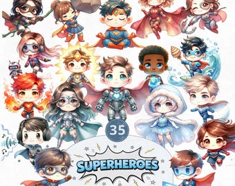Imágenes prediseñadas de superhéroes chibi, conjunto PNG de héroes de acuarela, decoración de habitaciones infantiles, pegatinas, álbumes de recortes y manualidades de Cricut, descarga digital
