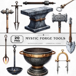 Pode incluir: Clipart em aquarela de várias ferramentas de forja mística, incluindo uma bigorna de pedra com uma faixa de bronze, martelos, um caldeirão com alças douradas e outras ferramentas de metal. A imagem inclui o texto "MYSTIC FORGE TOOLS".