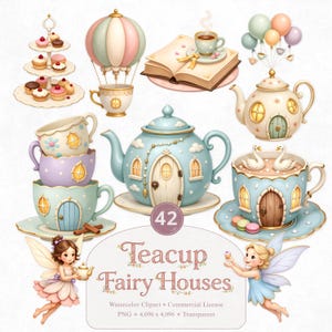 Puede incluir: Una colección de ilustraciones en acuarela con tazas de té, teteras y casas de hadas. La imagen incluye un globo aerostático, cupcakes, un libro abierto con una taza de té y hadas. El texto dice "Teacup Fairy Houses".