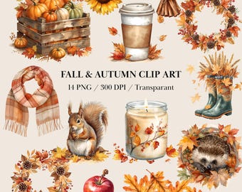 Fall Watercolor Clipart Bundle: Pumpkins, Wreaths, Animals (Digital Download)