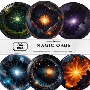 May include: A collection of six digital watercolor orbs with cosmic and natural designs. The orbs feature vibrant colors, including green, blue, orange, and purple, with a central light source. Text on the image reads "MAGIC ORBS" and "34 PNG".
