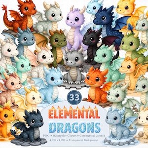 Elemental Dragons Clipart Set, Baby Dragon Characters with Fire Ice Water and Nature Elements, Cute Fantasy Dragon Art for Crafts and Decor