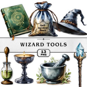 May include: A collection of wizard tools, including a green spellbook, a spell ingredient pouch, a black witch hat, a potion bottle with a spoon, a candle holder, a mortar and pestle, and a crystal staff. The text "WIZARD TOOLS" is displayed.