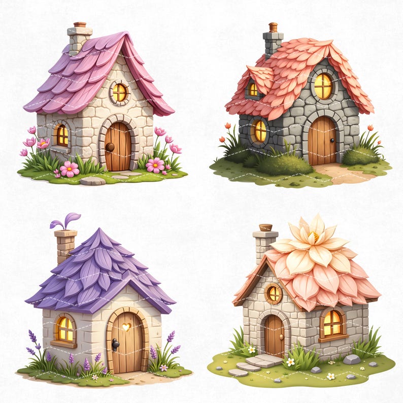 Flower Roof Fairy Houses Clipart Set, Flower Cottage Pngs, Magical ...