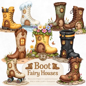 May include: A collection of whimsical watercolor illustrations featuring boots transformed into fairy houses. Each boot is uniquely designed with doors, windows, and decorative elements like flowers and snow. The image includes the text "Boot Fairy Houses".