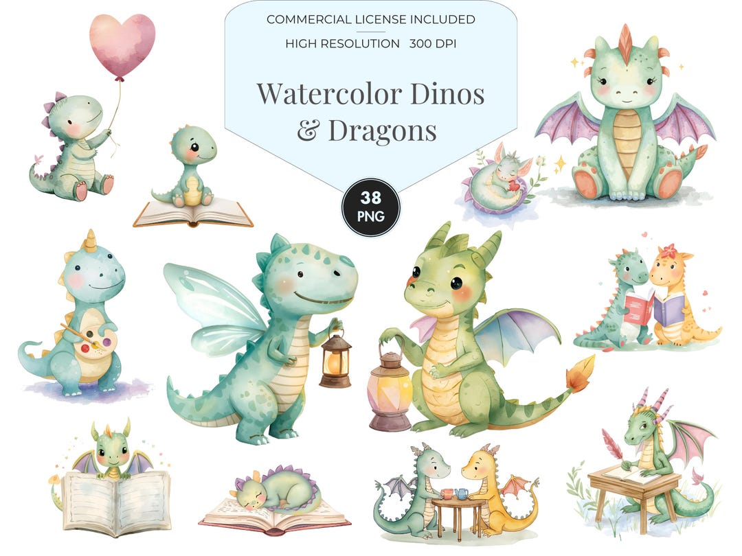 Watercolor Dinos and Dragons Clipart Fantasy Nursery PNG Bundle