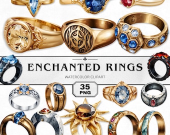 Zestaw clipartów Enchanted Rings, akwarele PNG z magicznym pierścieniem i mistycznymi pierścieniami, kryształowe pierścienie do projektów rzemieślniczych i fantasy