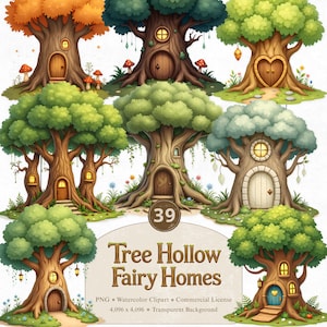 Puede incluir: Ilustraciones de árboles con troncos huecos, diseñados como casas de hadas. Los árboles tienen varios colores de hojas y estilos de puertas. El texto "Tree Hollow Fairy Homes" se muestra en la parte inferior de la imagen.