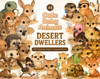 Joli clipart animaux du désert, bébé animal PNG, aquarelle renard et chameau, clipart chambre d'enfant, art du désert, ensemble imprimable du désert