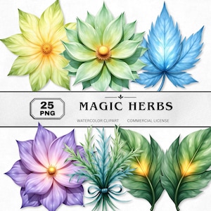 May include: Watercolor clipart featuring various floral and botanical elements. The image includes flowers in yellow, green, and purple, along with blue leaves and a bundle of green and blue foliage. Text reads "MAGIC HERBS" and "25 PNG".