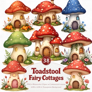 Toadstool Fairy Cottages Clipart, Mushroom Cottages, Magical Fairy House, Fantasy Mushroom PNGs, Toadstool Home Art, Tiny Fairy Cottage