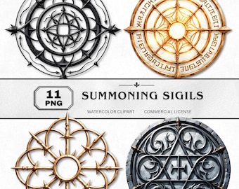 Summoning Sigils Clipart Set, Ancient Sigils and Arcane Symbols Watercolor PNGs, Mystic Ritual Art for Crafts and Fantasy Digital Design