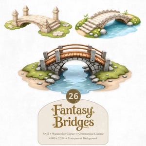 Puede incluir: Clipart de acuarela de tres puentes de fantasía. Los puentes son de piedra y madera, con diseños arqueados. Los puentes están rodeados de hierba, agua y arena. La imagen incluye el texto "Fantasy Bridges".