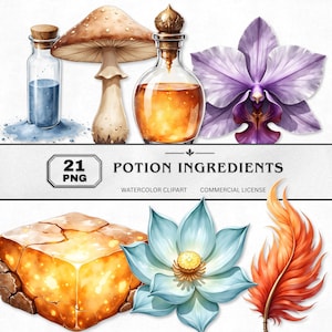May include: Watercolor illustration of potion ingredients, including a mushroom, bottles, a flower, and a feather. The image includes the text "POTION INGREDIENTS" and "21 PNG". The color palette features blues, oranges, and browns.