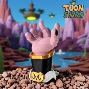 Op de afbeelding: Een roze handfiguur met een zwarte en gouden basis, met een gouden embleem met de letter "M" en de tekst "TOON SPAWN". De figuur staat tegen een cartoonlandschap met een paars en blauw kleurenschema.