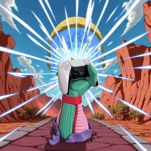 Op de afbeelding: Een gestileerde illustratie van een groene hand die een witte en zwarte gamecontroller vasthoudt. De hand maakt deel uit van een kleurrijk figuur met een rode sjaal, roze en groene secties en een paarse drape. De achtergrond toont een blauwe lucht, rotsformaties en energiebundels.