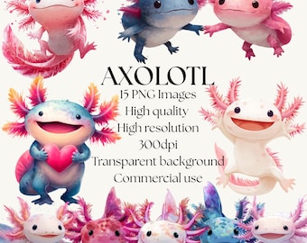 Paquete de imágenes prediseñadas de ajolote en acuarela: imágenes PNG de alta resolución (descarga digital)